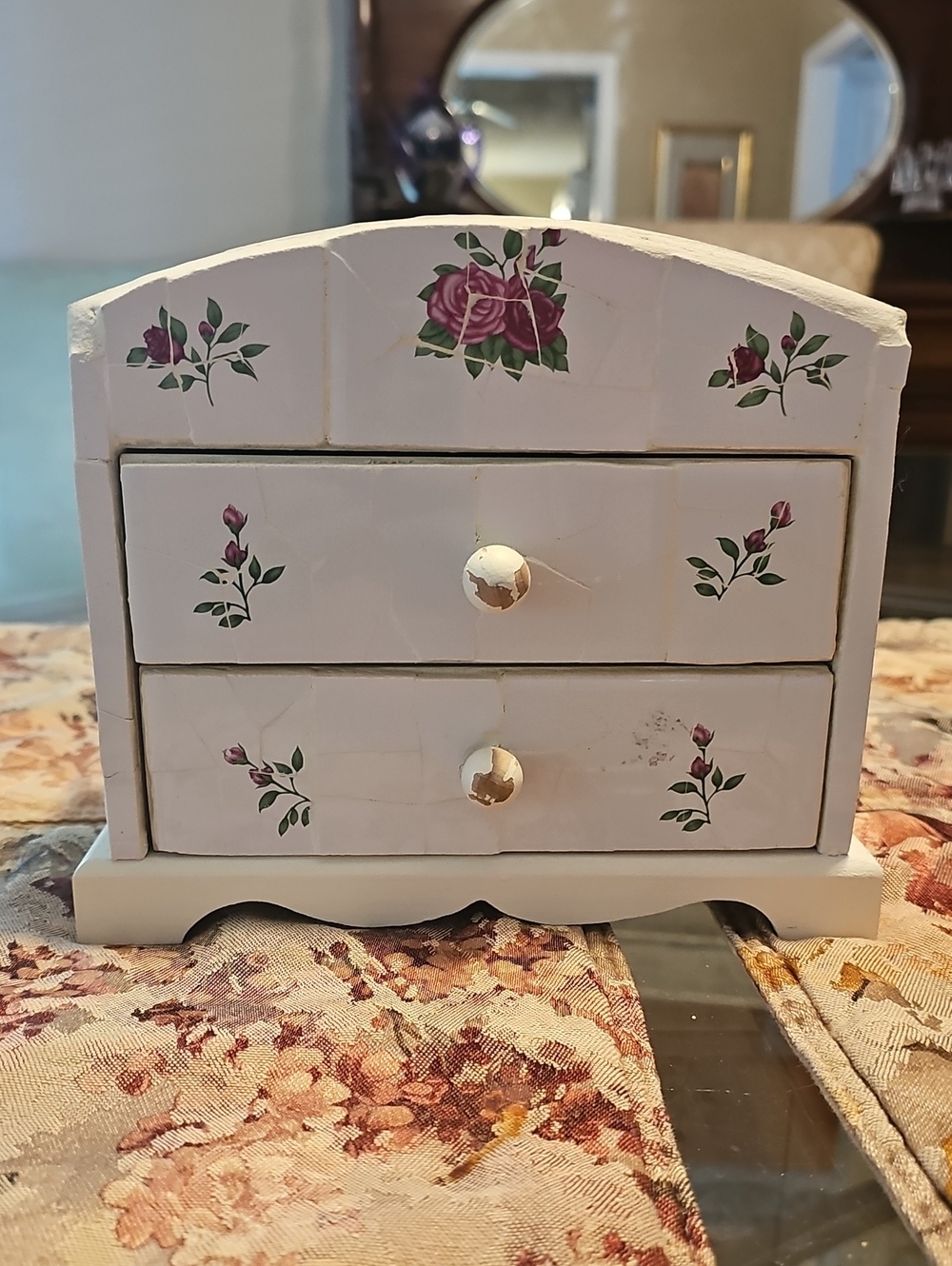 Floral White Wooden Jewelry Box with Drawers